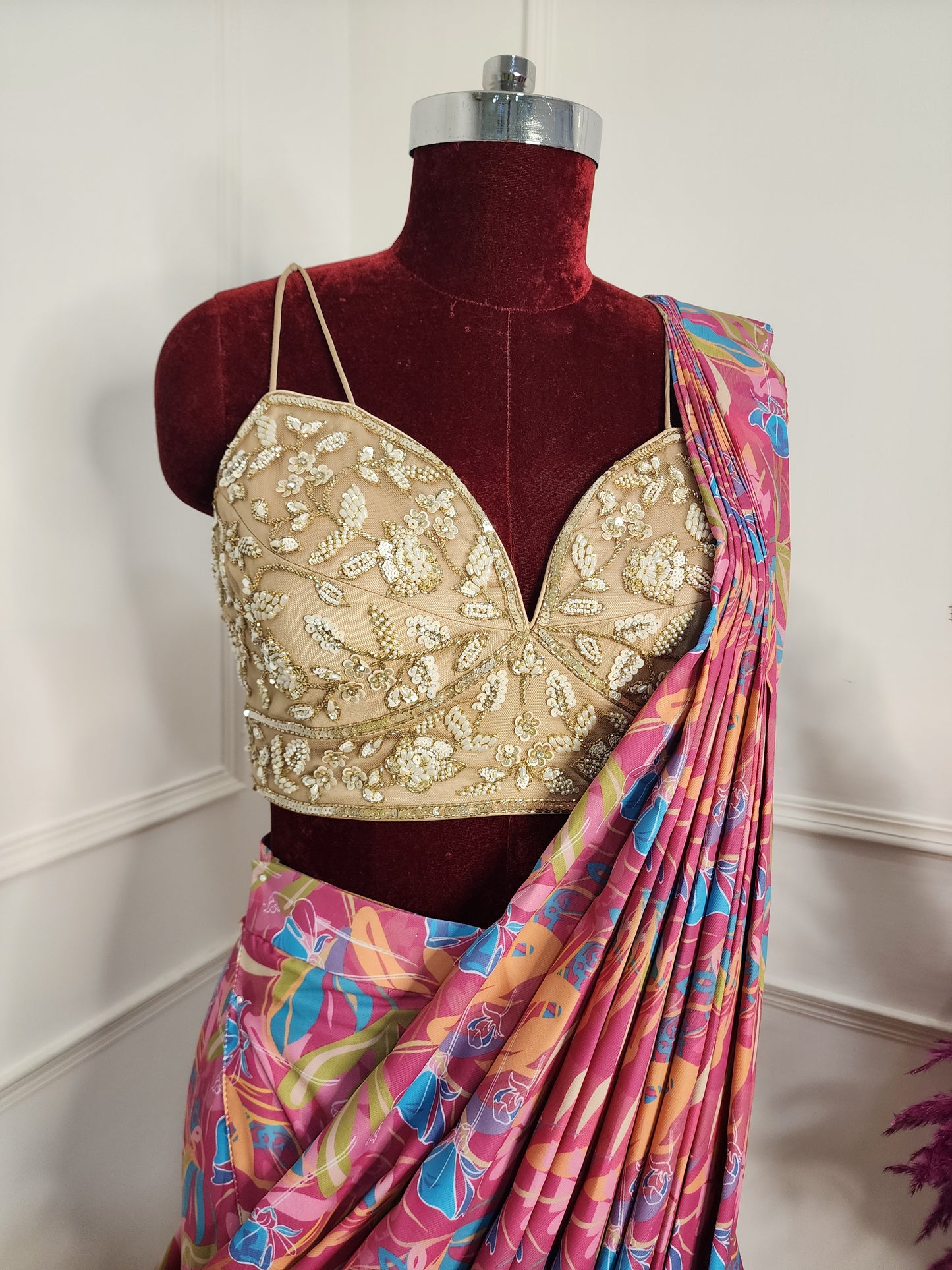 Pink Printed Saree With Handwork Blouse