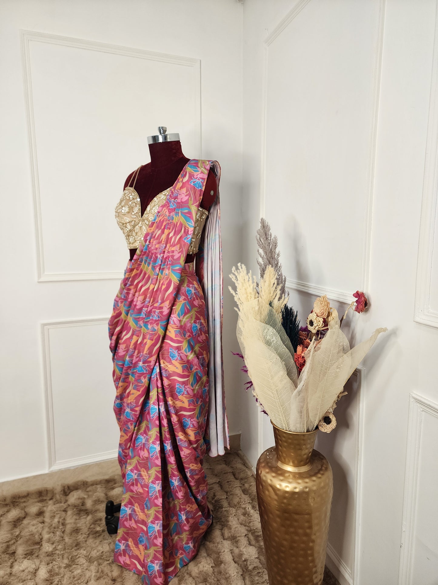 Pink Printed Saree With Handwork Blouse