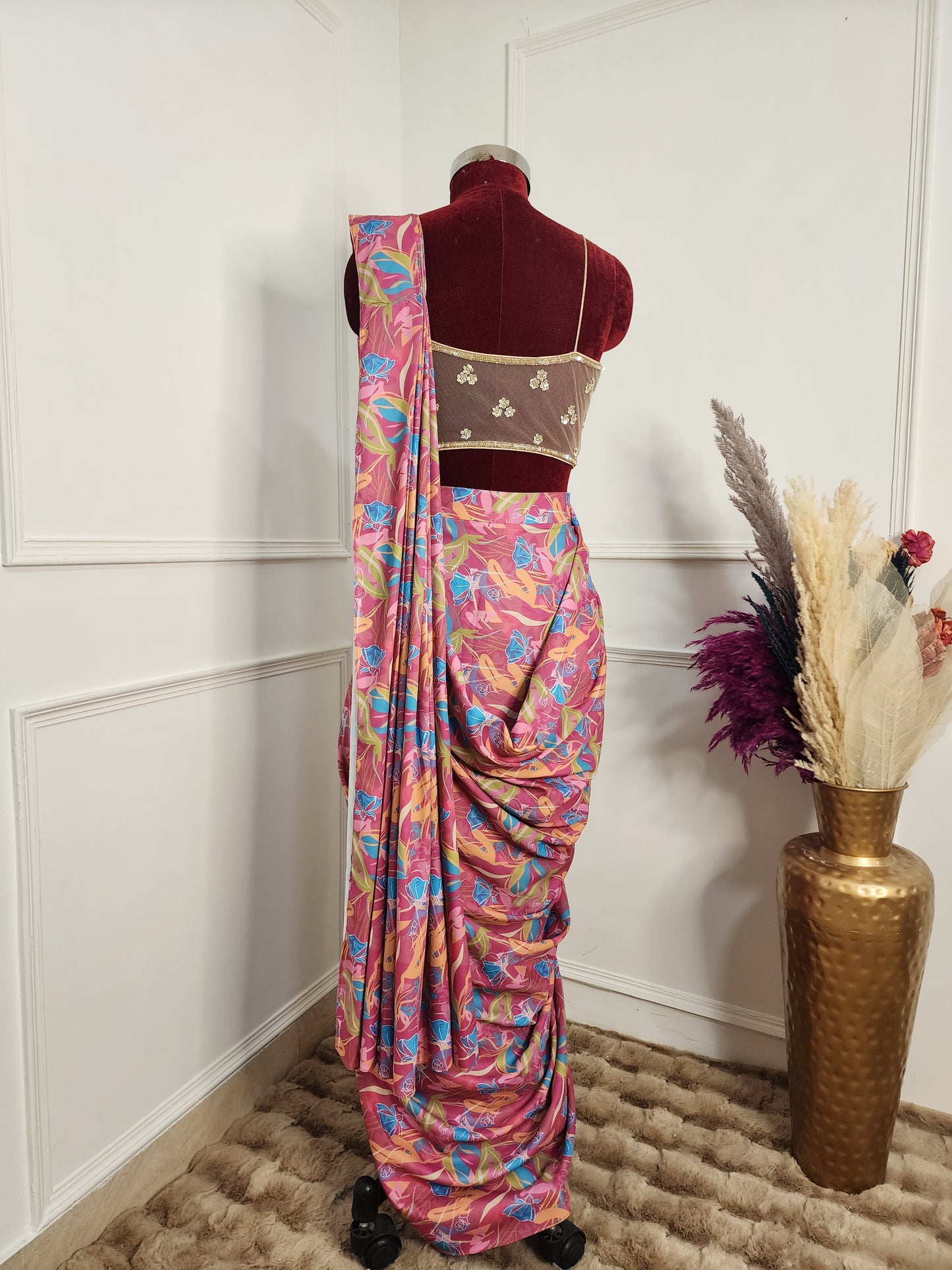 Pink Printed Saree With Handwork Blouse