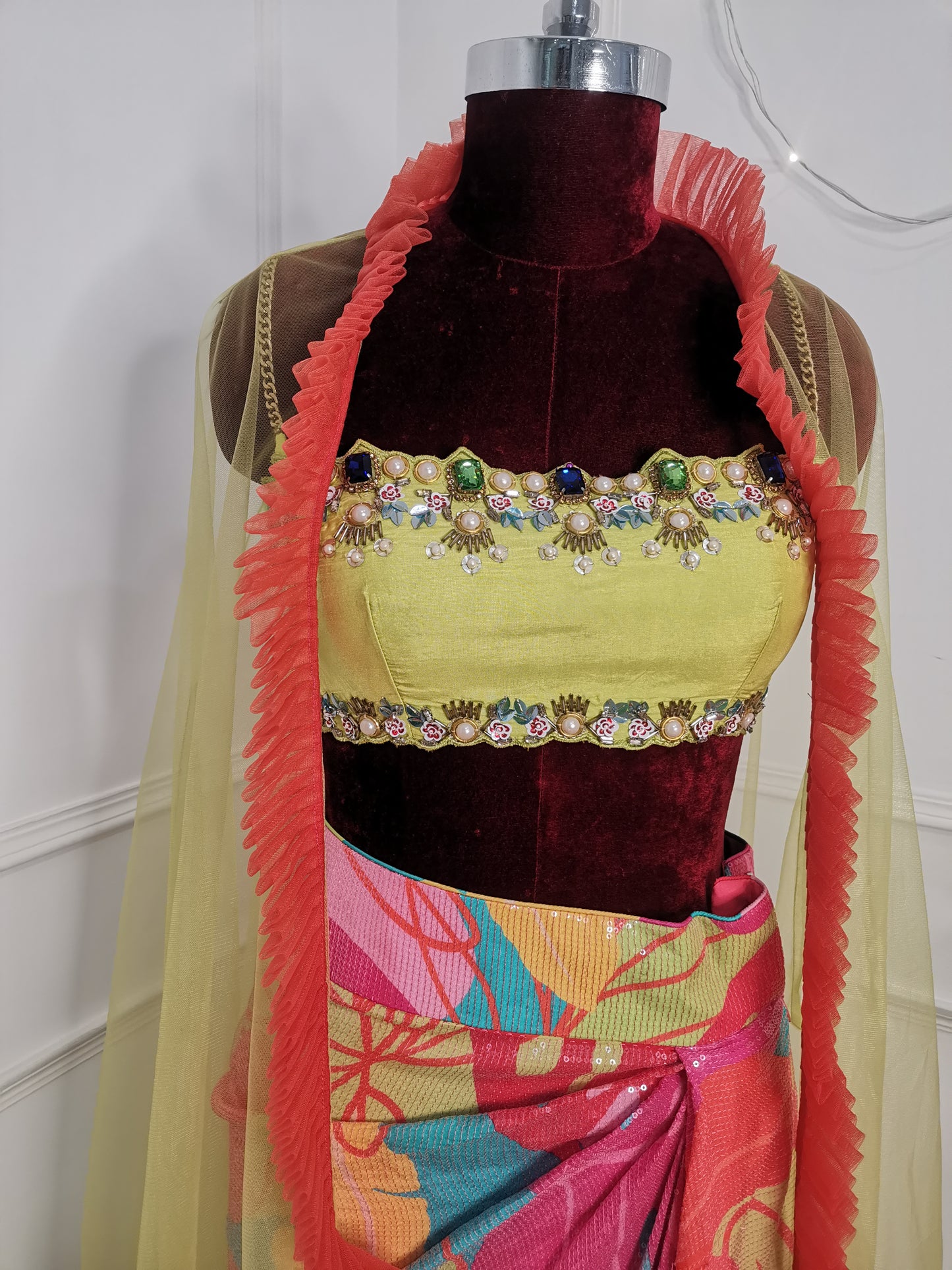 Vibrant Floral Drape Skirt with Cape