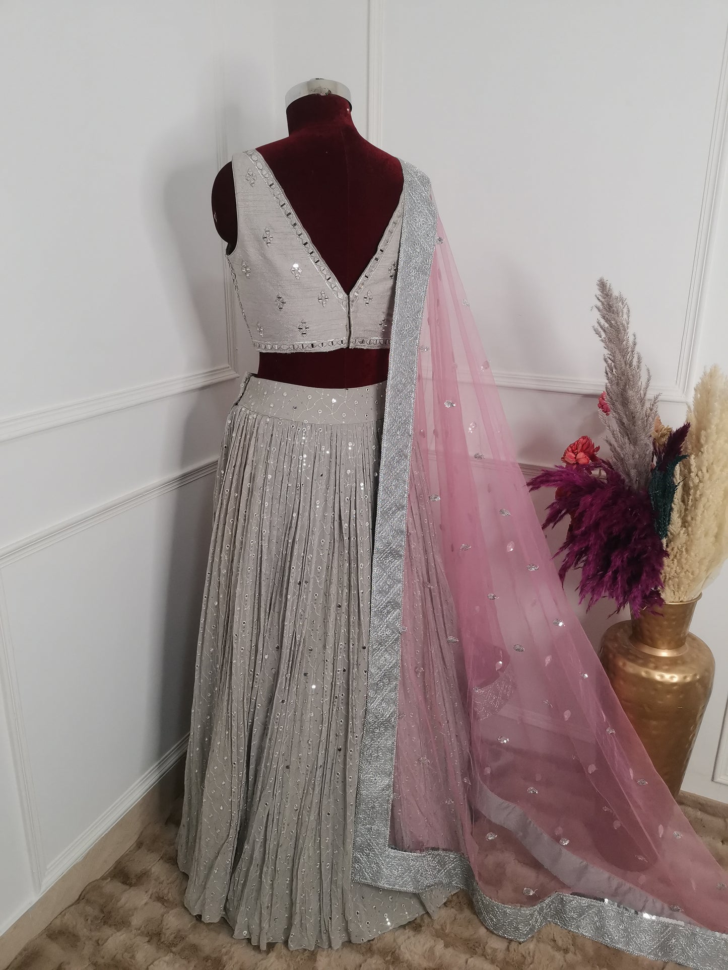 Grey And Pink Lehenga