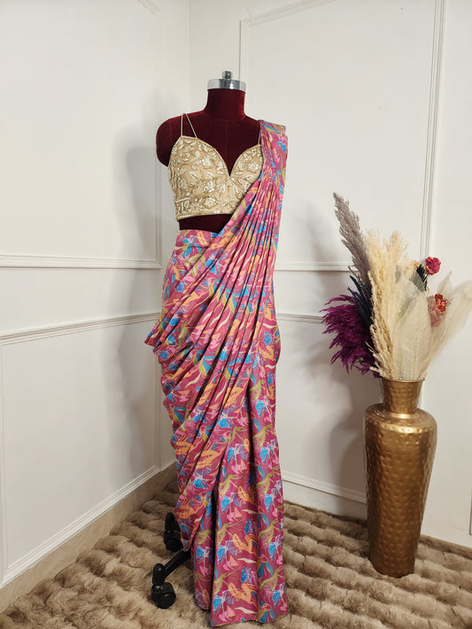 Pink Printed Saree With Handwork Blouse