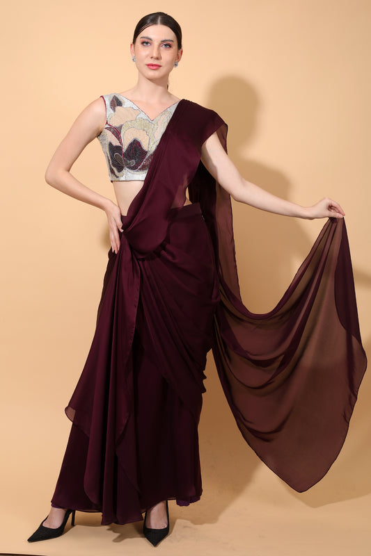 Wine Drape Saree with Grey Blouse