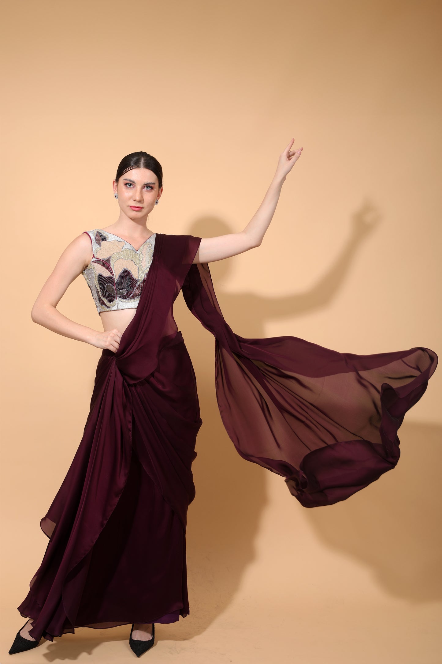 Wine Drape Saree with Grey Blouse