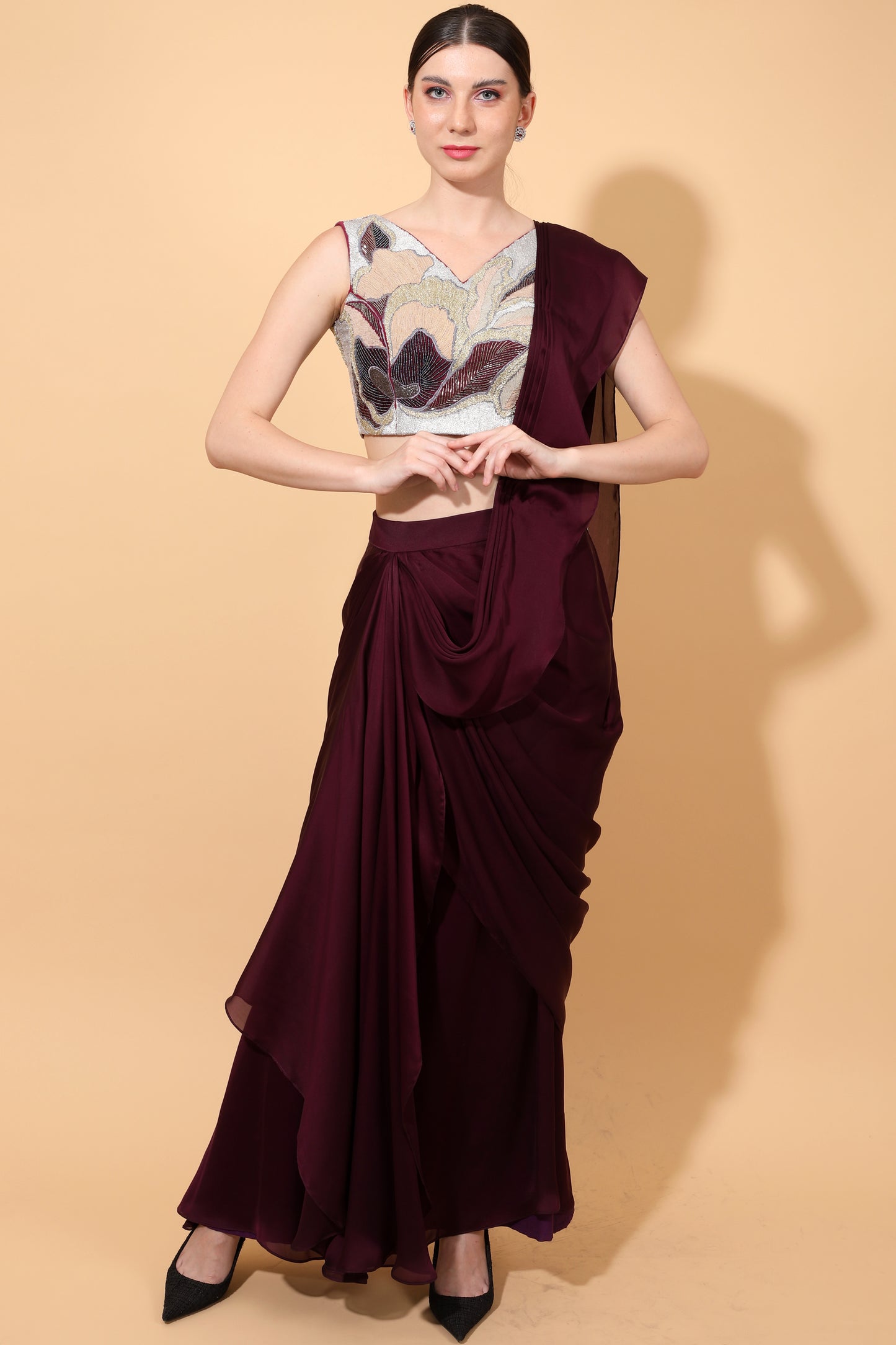 Wine Drape Saree with Grey Blouse