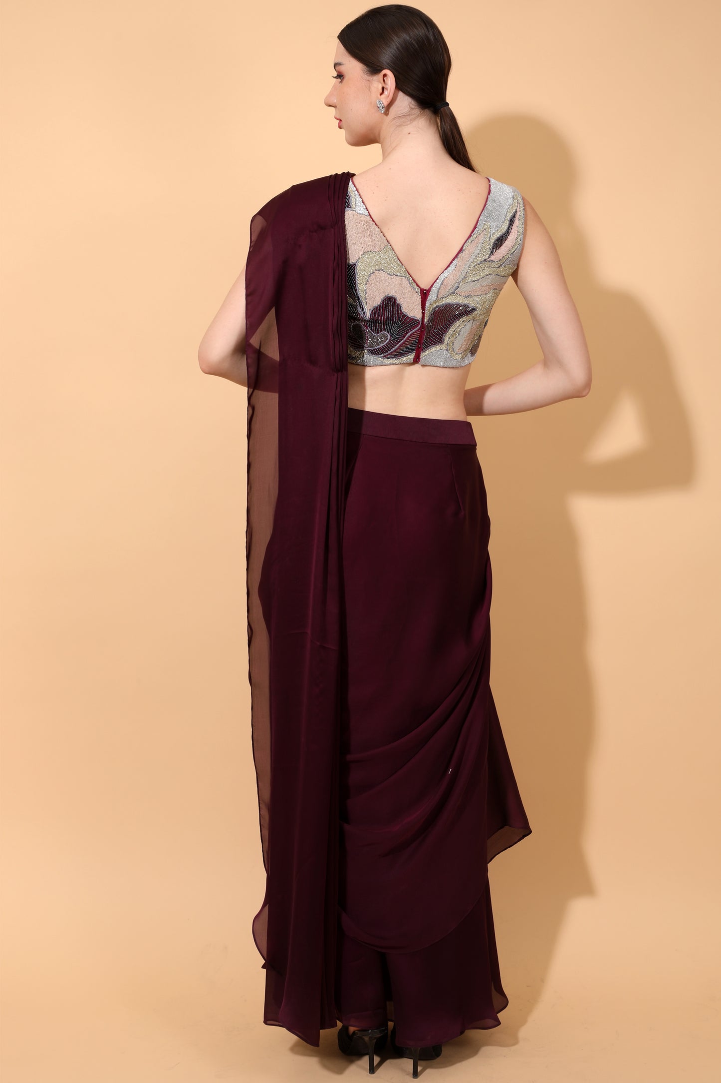 Wine Drape Saree with Grey Blouse