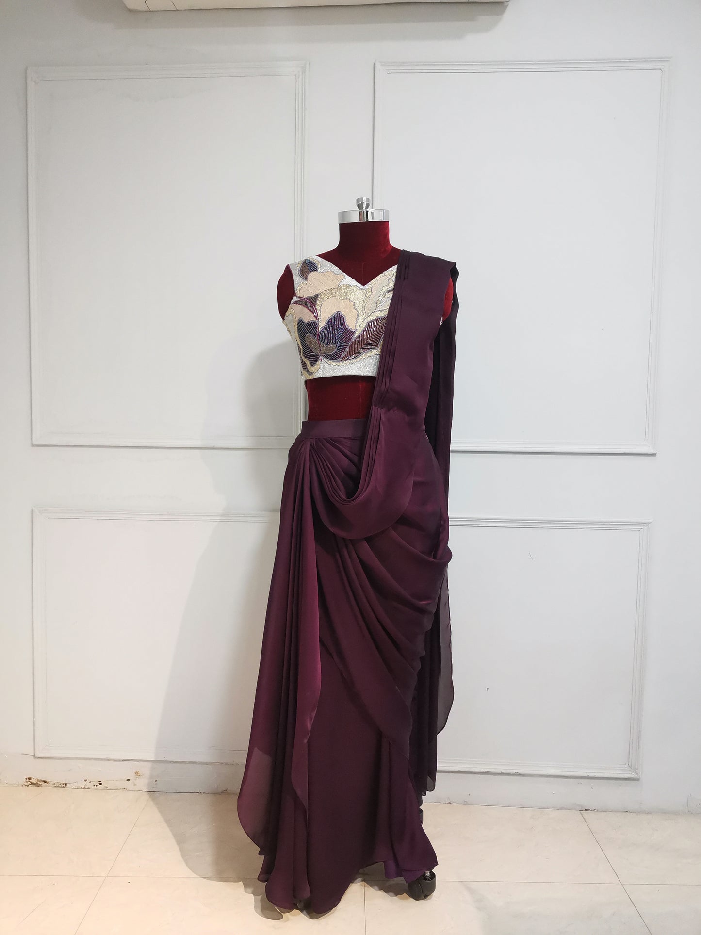 Wine Drape Saree with Grey Blouse