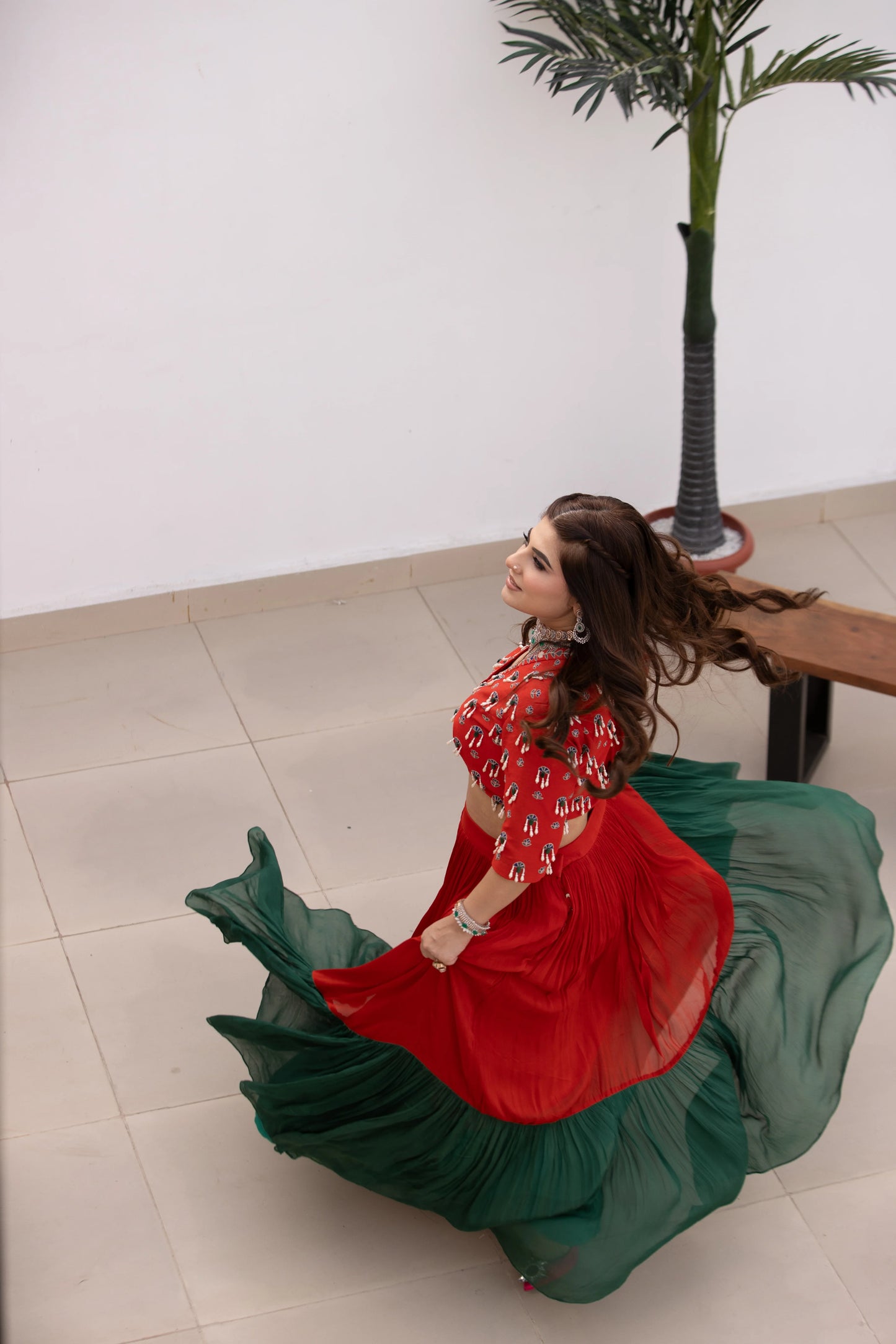 Red & Green Color Block Lehenga